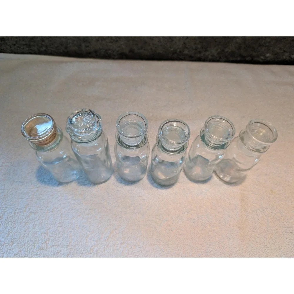 6 Vintage Clear Glass Apothecary Spice Jars/Bottles w/Stoppers Wagner Japan